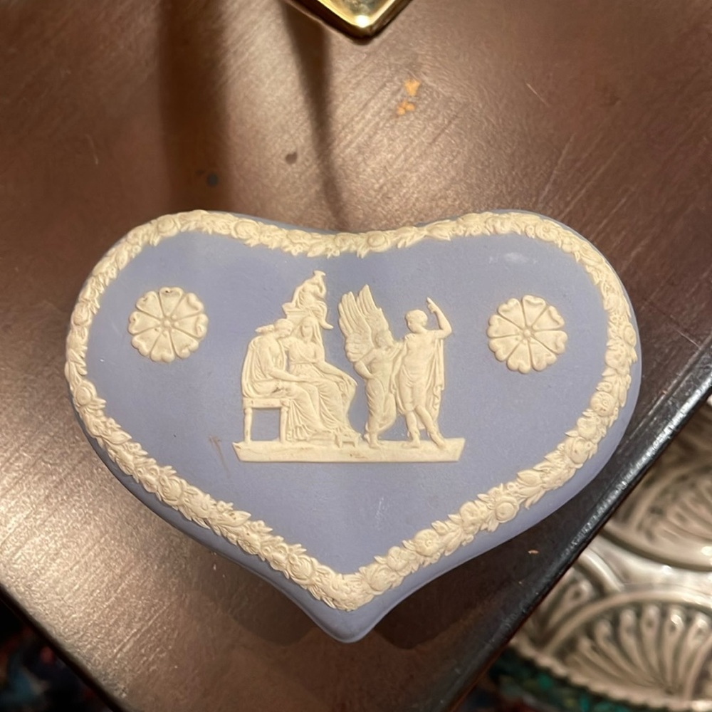 Vintage Wedgwood Blue Jasperware Porcelain Heart Trinket Box with Greek scene